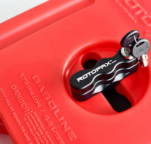 Close-up of a Rotopax Lox pack Mount with keys in lock on a red fuel container