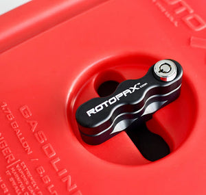 Close-up of a Rotopax Lox pack Mount on a red fuel container
