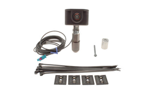 Car camera kit with cable, connectors, and mounting hardware on a white background