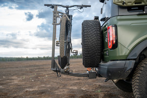 RambleSwing bike rack hitch on a Ford Bronco in profile view