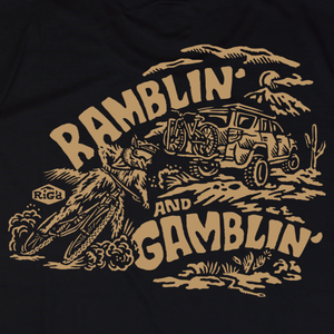 Black t-shirt with 'Ramblin' and Gamblin' graphic design on a white background