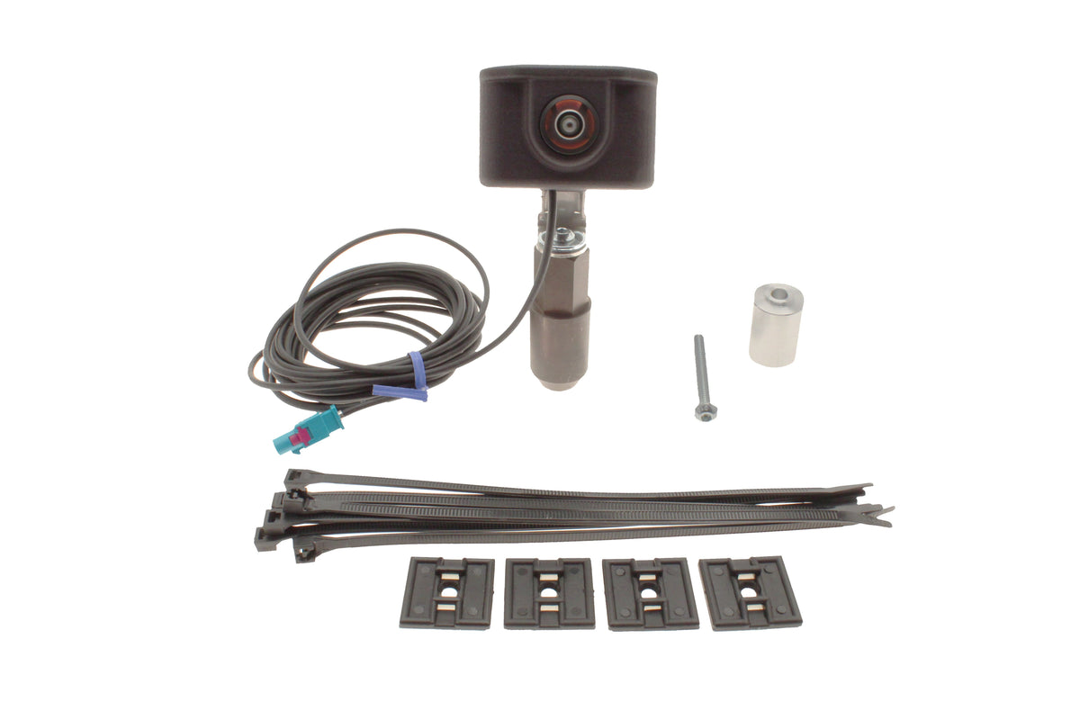 Car camera kit with cable, connectors, and mounting hardware on a white background