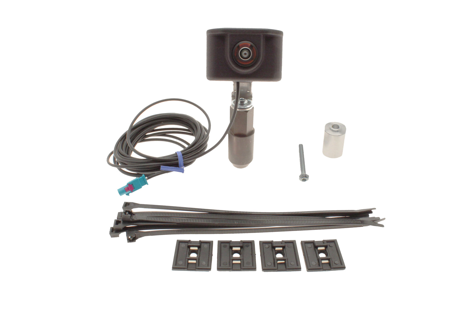 Car camera kit with cable, connectors, and mounting hardware on a white background