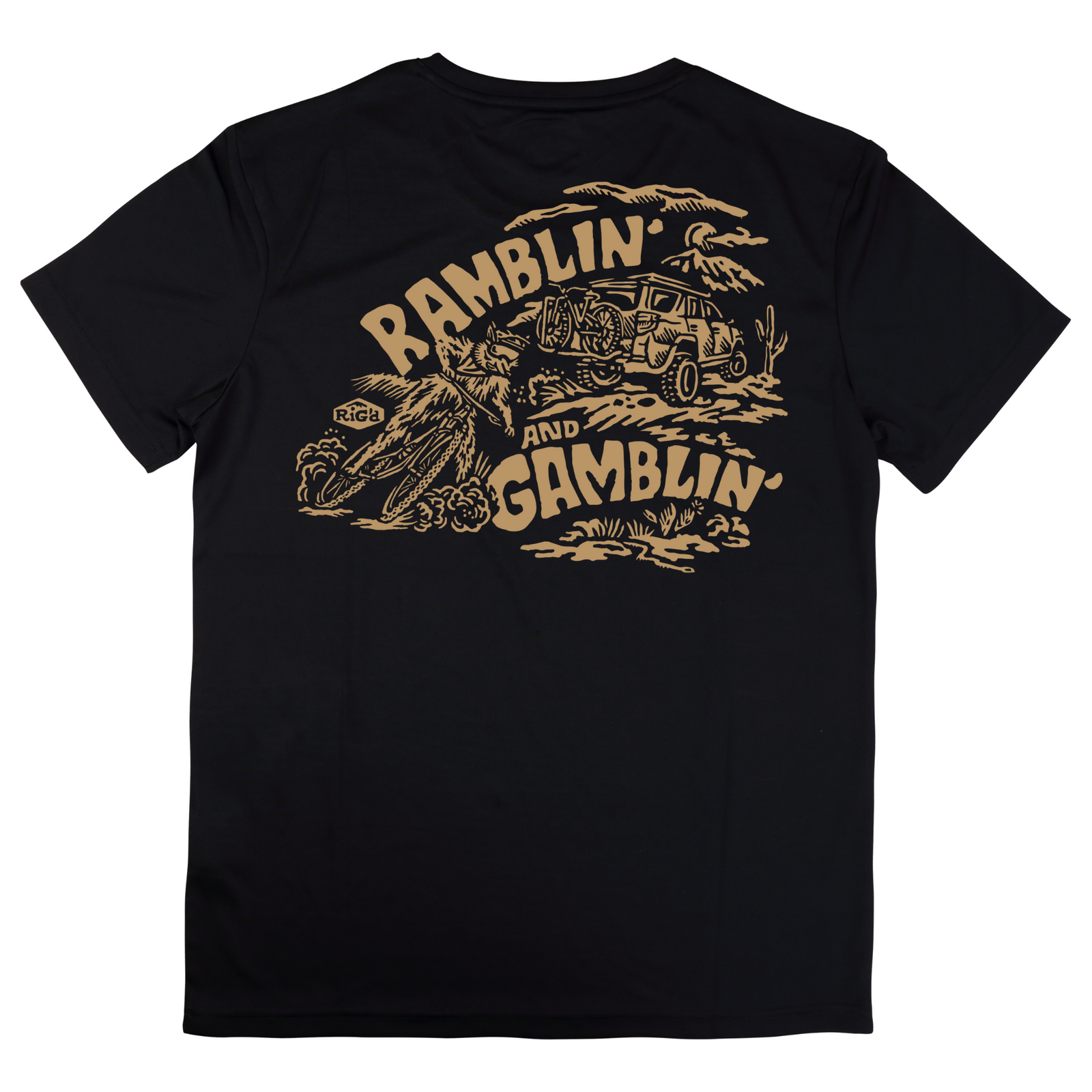 Black t-shirt with 'Ramblin' and Gamblin' graphic design on a white background