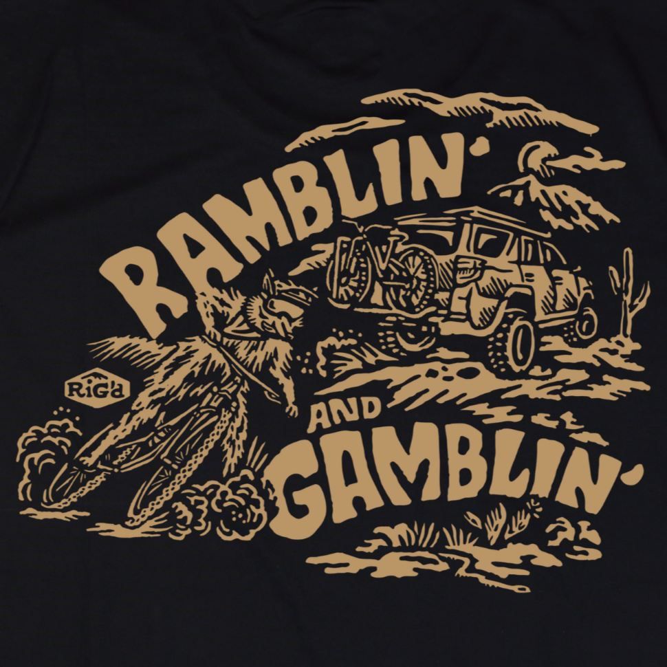 Black t-shirt with 'Ramblin' and Gamblin' graphic design on a white background