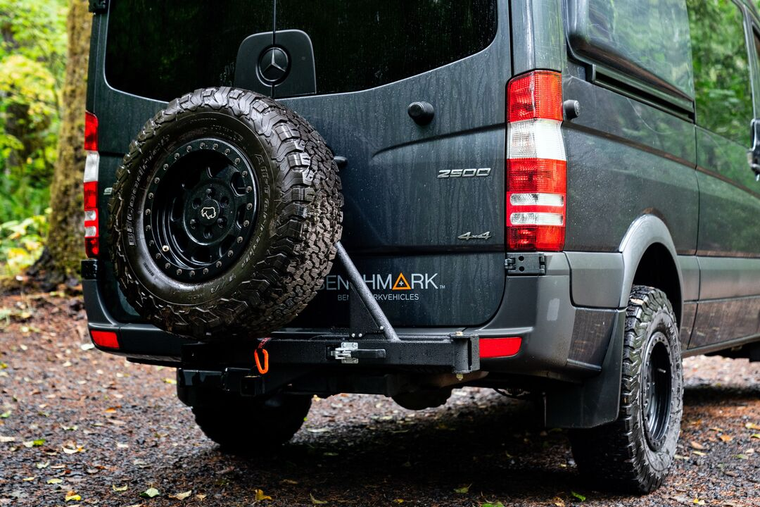 Mercedes Sprinter offroad swing-out tire carrier hitch rack